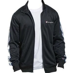Champion Track Jacket Full Zip Black White Script Logo Men's 2XL Tricot Athletic